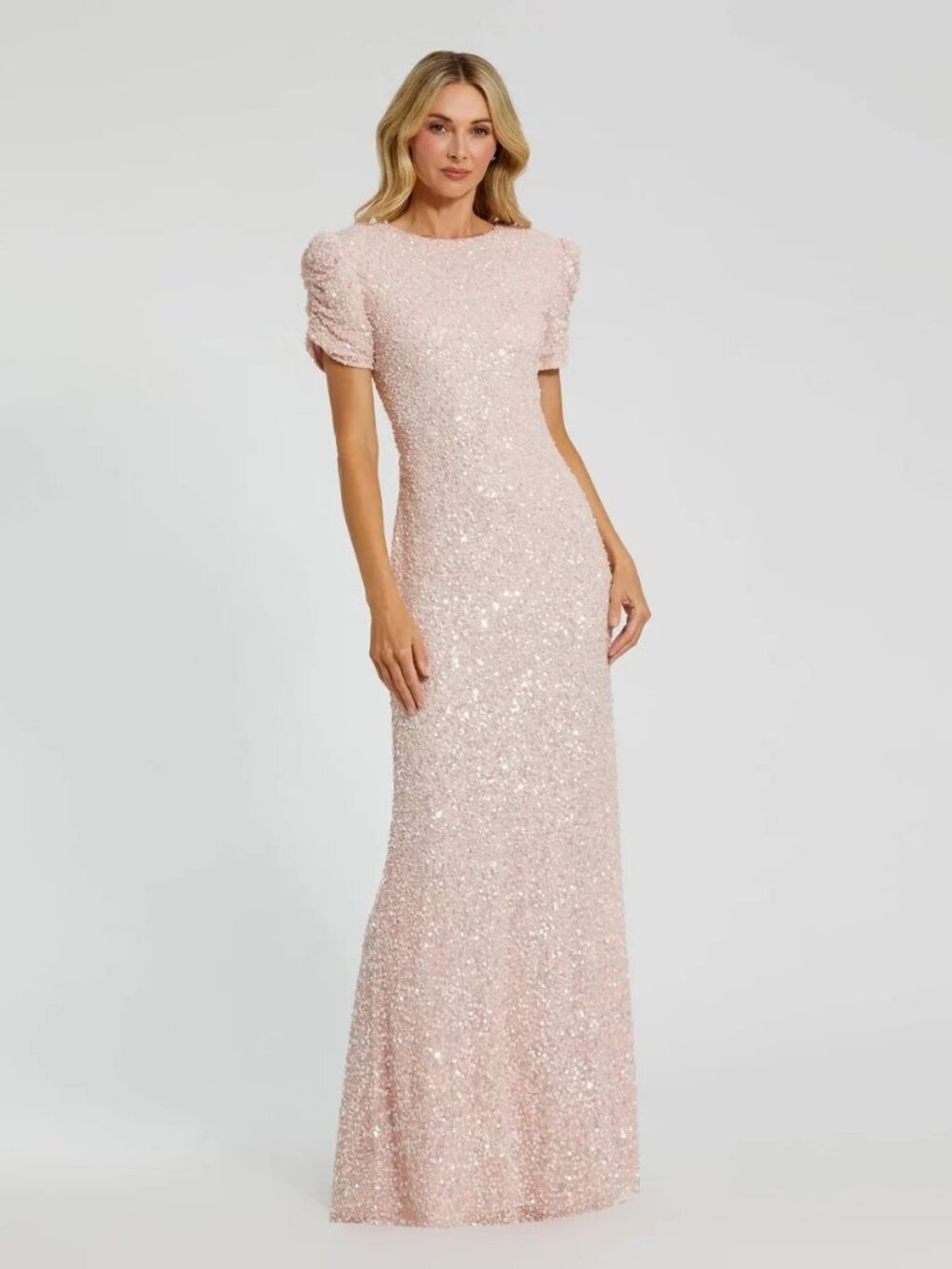 Petite Pink Gathered Short Sleeve Embellished Gown